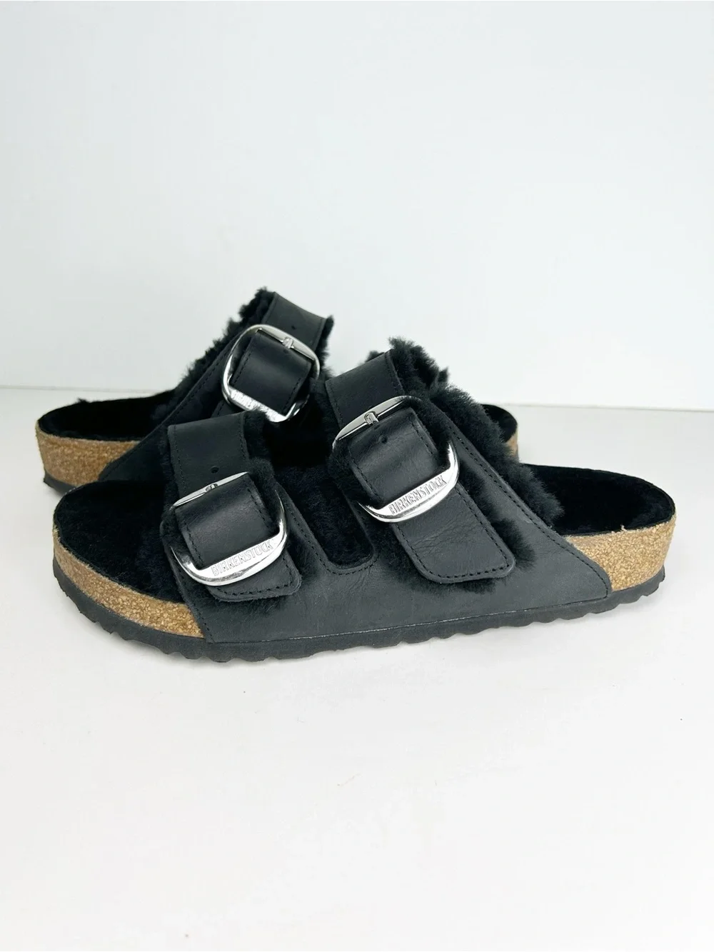 Birkenstock Arizona Big Buckle Shearling Black Two Strap Sandals EU 39 US 8